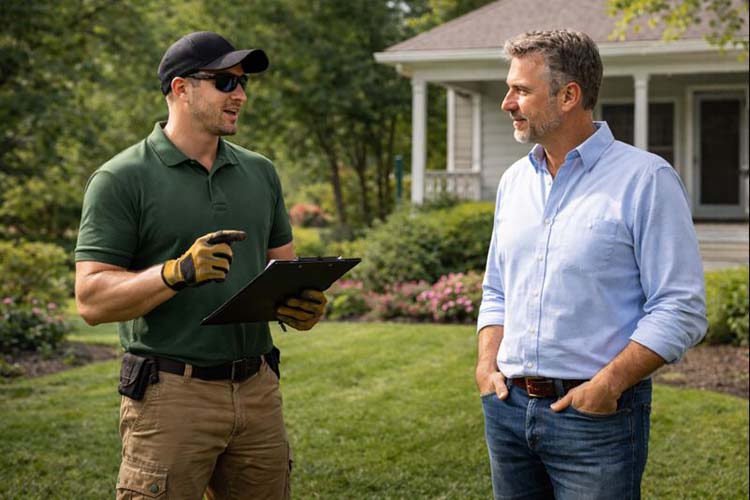 Lawn Maintenance guy communicating to home owner outside