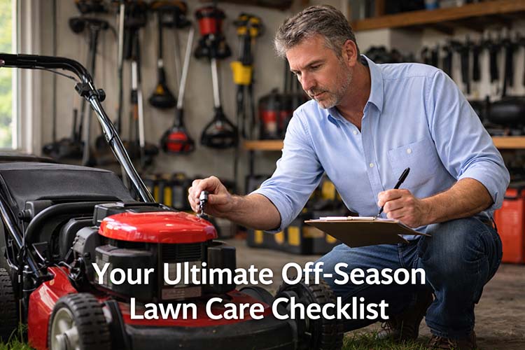 your ultimate off season lawn care checklist with lawn maintenance owner checking mower