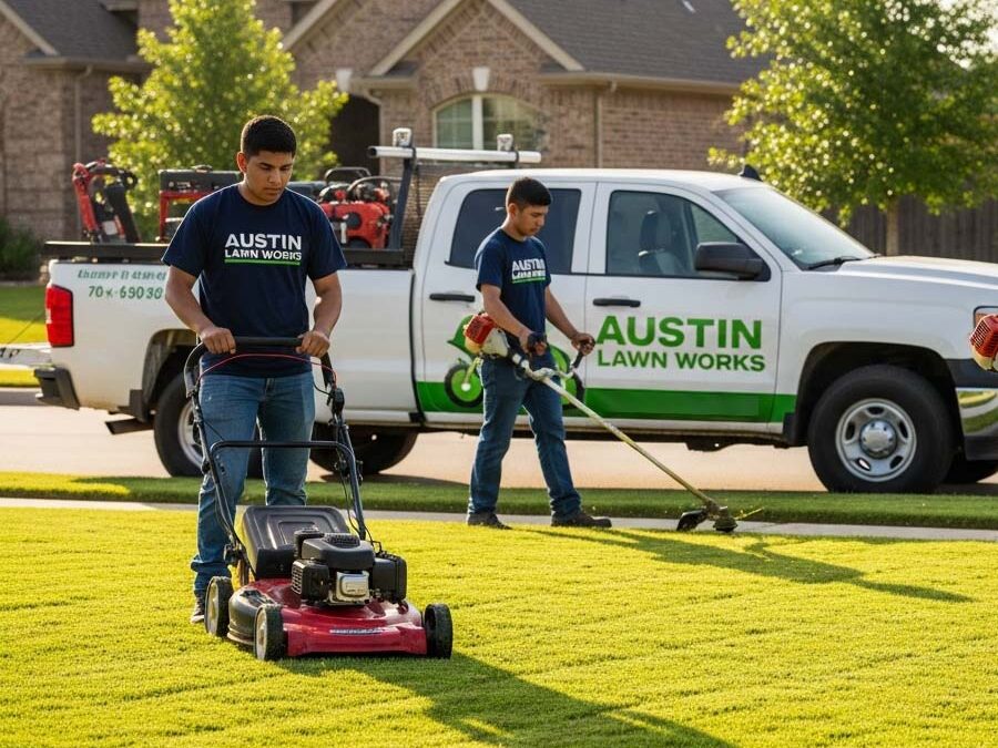 Austin Lawn Works logoed shirts and truck
