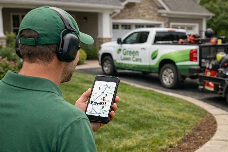 lawn maintenance worker holding phone with CLIP app looking at routes
