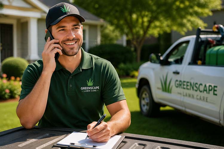 lawn maintenance worker speaking with customer
